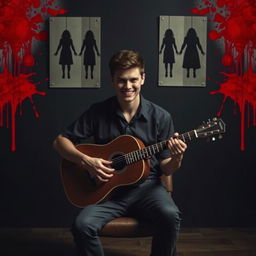 A young man sitting on a chair playing the guitar, his expression marked by a sinister smile