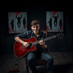 A young man sitting on a chair playing the guitar, his expression marked by a sinister smile