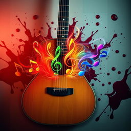 A guitar from which four musical melodies emerge, each depicted as vibrant and colorful sound waves