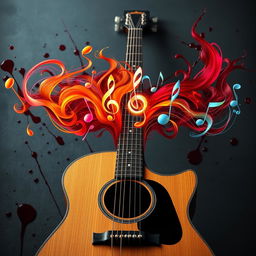 A guitar from which four musical melodies emerge, each depicted as vibrant and colorful sound waves