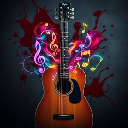 A guitar from which four musical melodies emerge, each depicted as vibrant and colorful sound waves