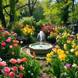 A serene article featuring detailed descriptions of gardens filled with a variety of colorful flowers, including roses, tulips, and daffodils, surrounded by lush greenery