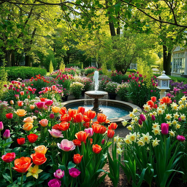 A serene article featuring detailed descriptions of gardens filled with a variety of colorful flowers, including roses, tulips, and daffodils, surrounded by lush greenery