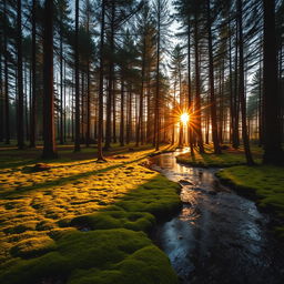 A stunning forest landscape captured during the golden hour, with sunlight filtering through the dense canopy of tall trees, casting long shadows across a carpet of vibrant green moss