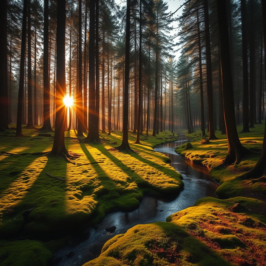 A stunning forest landscape captured during the golden hour, with sunlight filtering through the dense canopy of tall trees, casting long shadows across a carpet of vibrant green moss