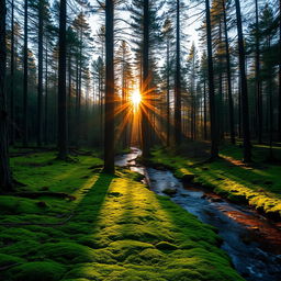 A stunning forest landscape captured during the golden hour, with sunlight filtering through the dense canopy of tall trees, casting long shadows across a carpet of vibrant green moss