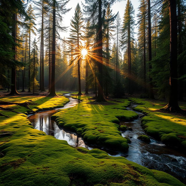 A stunning forest landscape captured during the golden hour, with sunlight filtering through the dense canopy of tall trees, casting long shadows across a carpet of vibrant green moss