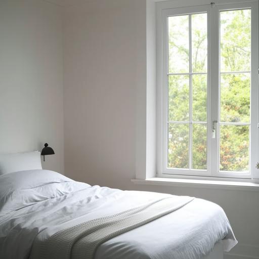 A small, aesthetically pleasing white bedroom with the bed positioned in front of a large window, emitting warmth and a feeling of serenity