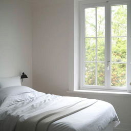 A small, aesthetically pleasing white bedroom with the bed positioned in front of a large window, emitting warmth and a feeling of serenity