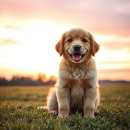 A golden retriever puppy sitting on a grassy field, with a soft sunset in the background