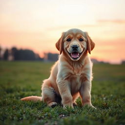 A golden retriever puppy sitting on a grassy field, with a soft sunset in the background