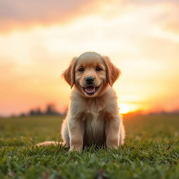 A golden retriever puppy sitting on a grassy field, with a soft sunset in the background