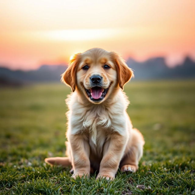 A golden retriever puppy sitting on a grassy field, with a soft sunset in the background