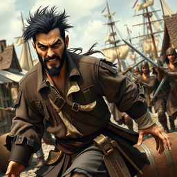 An evil male pirate with short black hair and a short, pointy beard