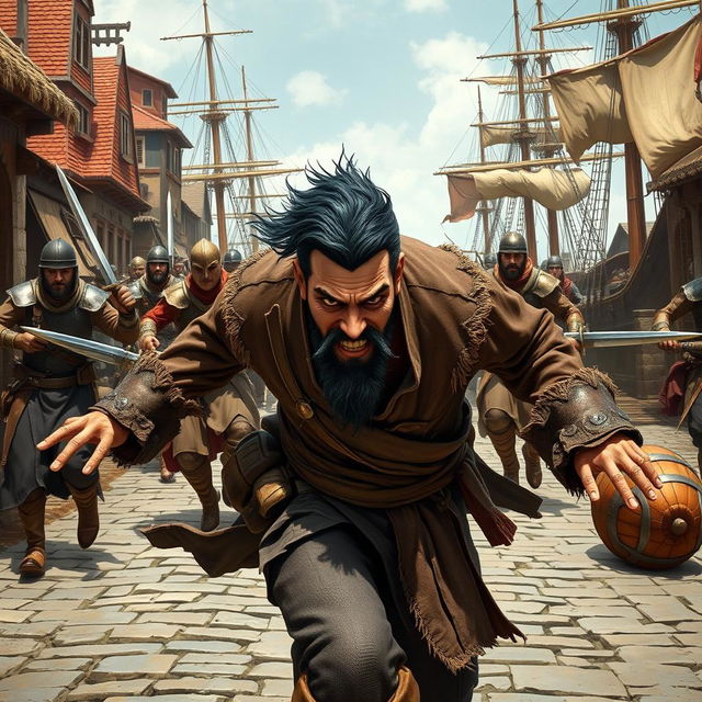 An evil male pirate with short black hair and a short, pointy beard