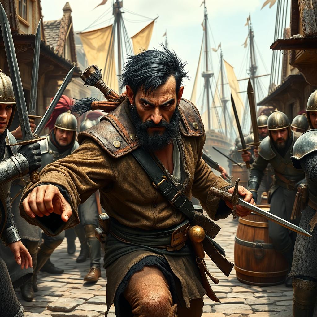 An evil male pirate with short black hair and a short, pointy beard, sporting a rugged, weathered outfit that displays his villainous character