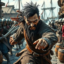 An evil male pirate with short black hair and a short, pointy beard, sporting a rugged, weathered outfit that displays his villainous character