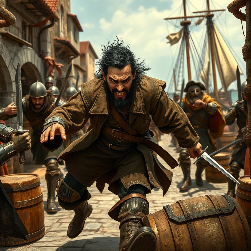 An evil male pirate with short black hair and a short, pointy beard, sporting a rugged, weathered outfit that displays his villainous character