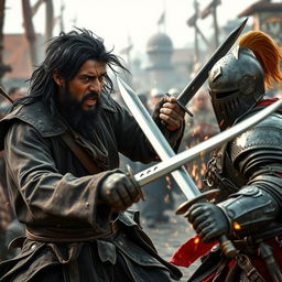 An intense scene featuring an evil male pirate with short black hair and a short, pointy beard, engaged in a fierce battle with a medieval guard