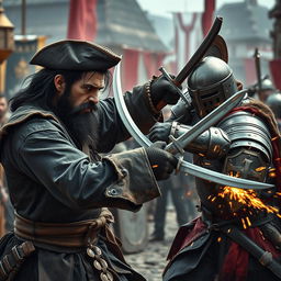 An intense scene featuring an evil male pirate with short black hair and a short, pointy beard, engaged in a fierce battle with a medieval guard