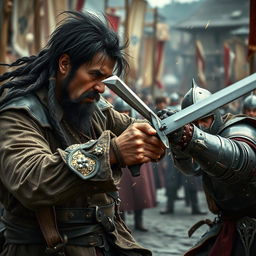 An intense scene featuring an evil male pirate with short black hair and a short, pointy beard, engaged in a fierce battle with a medieval guard