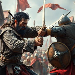 A dramatic depiction of an evil male pirate with short black hair and a short, pointy beard, fiercely fighting against a medieval guard