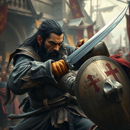 A dramatic depiction of an evil male pirate with short black hair and a short, pointy beard, fiercely fighting against a medieval guard