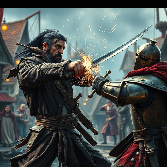 A dramatic scene portraying an evil male pirate with short black hair and a short, pointy beard, locked in a fierce duel with a medieval guard