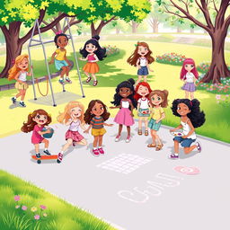 Vibrant and playful illustration of a diverse group of girls enjoying various fun activities outdoors, like playing on the swings, skateboarding, drawing with chalk on the pavement, and having a picnic