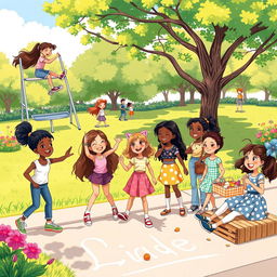 Vibrant and playful illustration of a diverse group of girls enjoying various fun activities outdoors, like playing on the swings, skateboarding, drawing with chalk on the pavement, and having a picnic