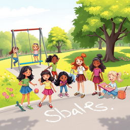 Vibrant and playful illustration of a diverse group of girls enjoying various fun activities outdoors, like playing on the swings, skateboarding, drawing with chalk on the pavement, and having a picnic