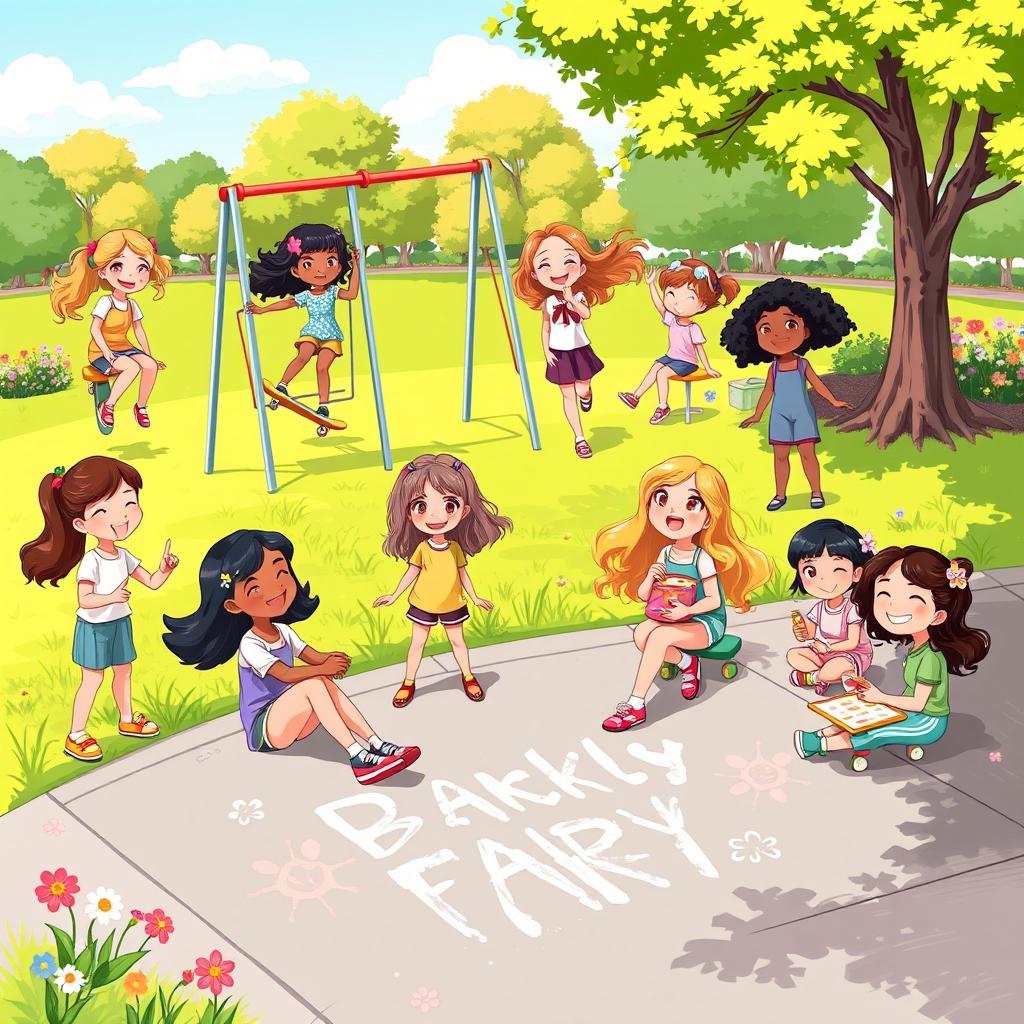 Vibrant and playful illustration of a diverse group of girls enjoying various fun activities outdoors, like playing on the swings, skateboarding, drawing with chalk on the pavement, and having a picnic