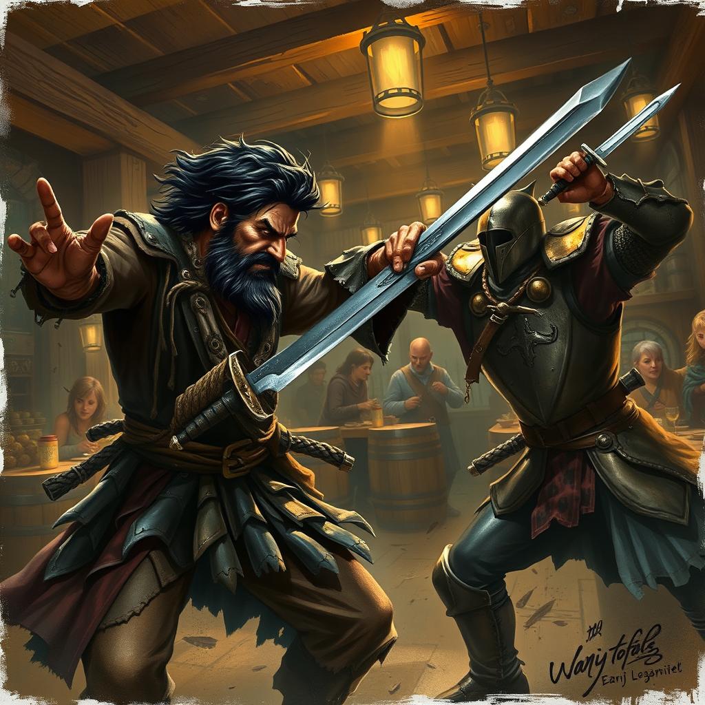 A thrilling depiction of an evil male pirate, featuring short black hair and a sharp, pointy beard, engaged in an intense battle with a medieval guard inside a rustic tavern