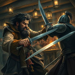 A thrilling depiction of an evil male pirate, featuring short black hair and a sharp, pointy beard, engaged in an intense battle with a medieval guard inside a rustic tavern