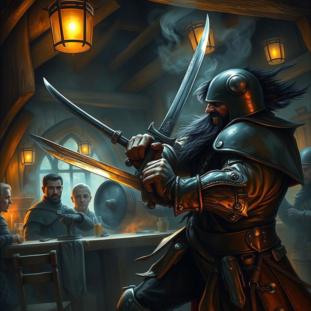 A thrilling depiction of an evil male pirate, featuring short black hair and a sharp, pointy beard, engaged in an intense battle with a medieval guard inside a rustic tavern