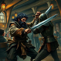 A thrilling depiction of an evil male pirate, featuring short black hair and a sharp, pointy beard, engaged in an intense battle with a medieval guard inside a rustic tavern