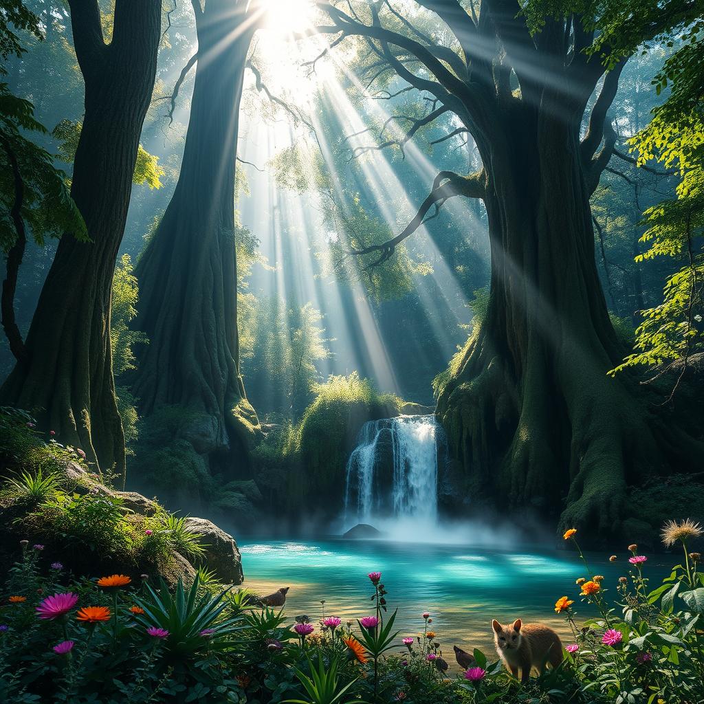 A mystical ancient forest with towering trees and a serene waterfall cascading into a crystal-clear pool