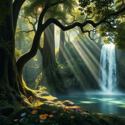 A mystical ancient forest with towering trees and a serene waterfall cascading into a crystal-clear pool