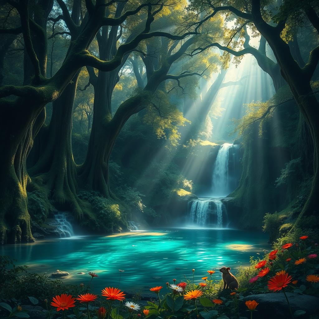 A mystical ancient forest with towering trees and a serene waterfall cascading into a crystal-clear pool