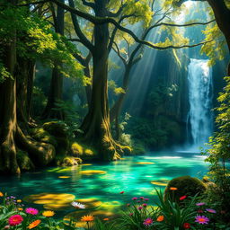 A mystical ancient forest with towering trees and a serene waterfall cascading into a crystal-clear pool