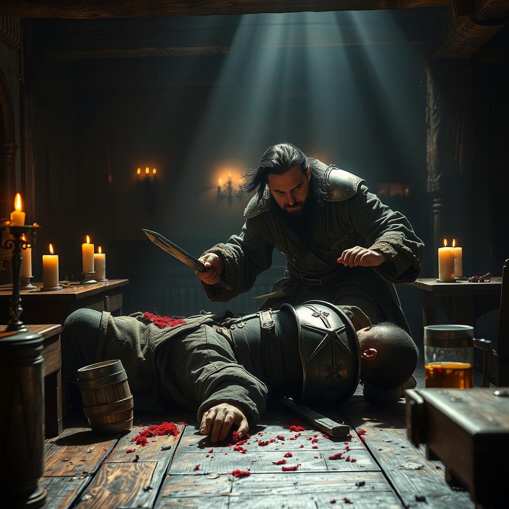 A dramatic scene unfolds in a dimly lit tavern, where an evil male pirate with short black hair and a short, pointy beard is in the act of killing a medieval guard