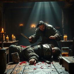 A dramatic scene unfolds in a dimly lit tavern, where an evil male pirate with short black hair and a short, pointy beard is in the act of killing a medieval guard