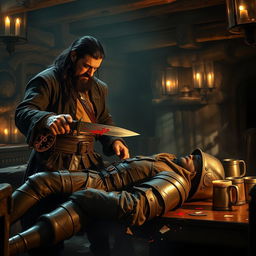 A dramatic scene unfolds in a dimly lit tavern, where an evil male pirate with short black hair and a short, pointy beard is in the act of killing a medieval guard