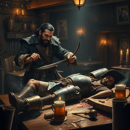 A dramatic scene unfolds in a dimly lit tavern, where an evil male pirate with short black hair and a short, pointy beard is in the act of killing a medieval guard