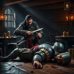 A dramatic scene unfolds in a dimly lit tavern, where an evil male pirate with short black hair and a short, pointy beard is in the act of killing a medieval guard