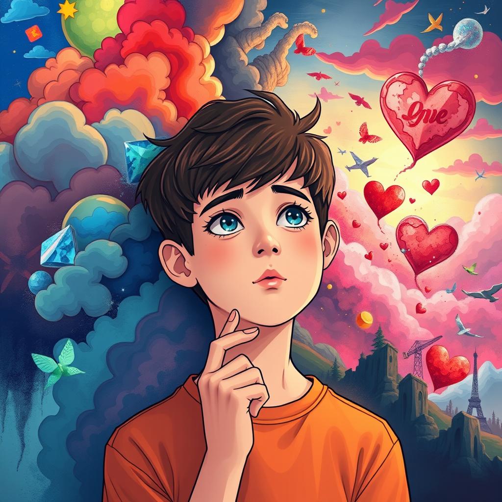 An album poster featuring a teenage boy with a dreamy expression, surrounded by a vibrant dreamscape