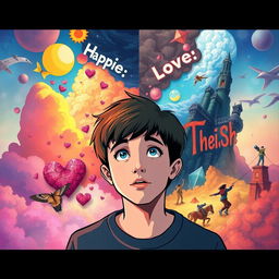 An album poster featuring a teenage boy with a dreamy expression, surrounded by a vibrant dreamscape