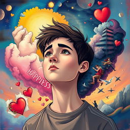 An album poster featuring a teenage boy with a dreamy expression, surrounded by a vibrant dreamscape