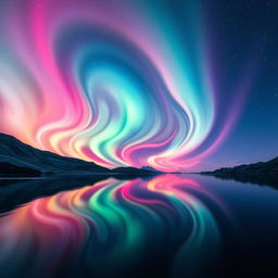 a mesmerizing abstract landscape with vibrant, swirling colors resembling a breathtaking aurora borealis over a calm, reflective lake, stars twinkling in the clear night sky above, a hint of the Milky Way visible on the horizon