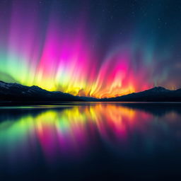 a mesmerizing abstract landscape with vibrant, swirling colors resembling a breathtaking aurora borealis over a calm, reflective lake, stars twinkling in the clear night sky above, a hint of the Milky Way visible on the horizon